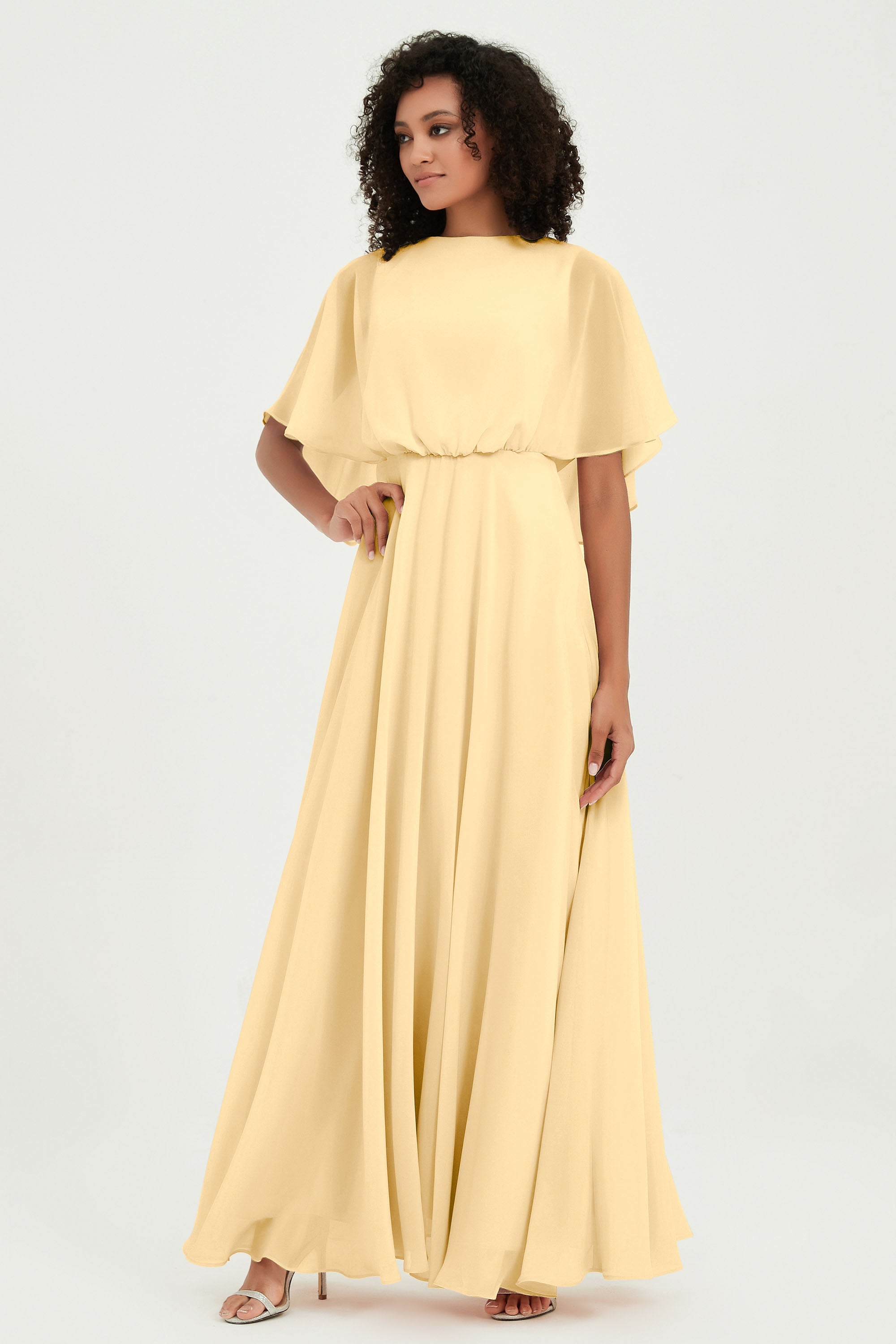 Flutter Sleeves Jewel Chiffon Bridesmaid Dress Floor Length Formal Evening Dresses Gowns