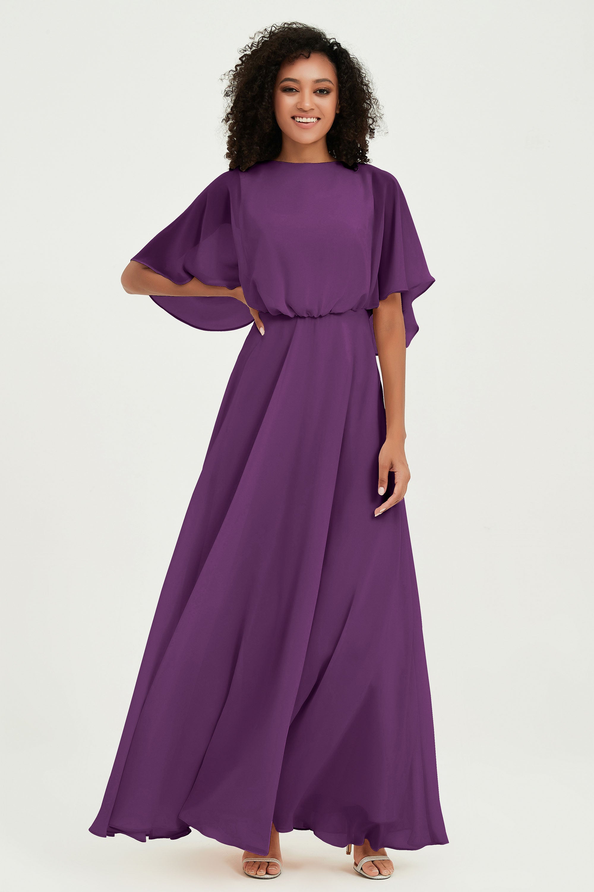 Flutter Sleeves Jewel Chiffon Bridesmaid Dress Floor Length Formal Evening Dresses Gowns