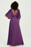 Flutter Sleeves Jewel Chiffon Bridesmaid Dress Floor Length Formal Evening Dresses Gowns
