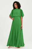 Flutter Sleeves Jewel Chiffon Bridesmaid Dress Floor Length Formal Evening Dresses Gowns