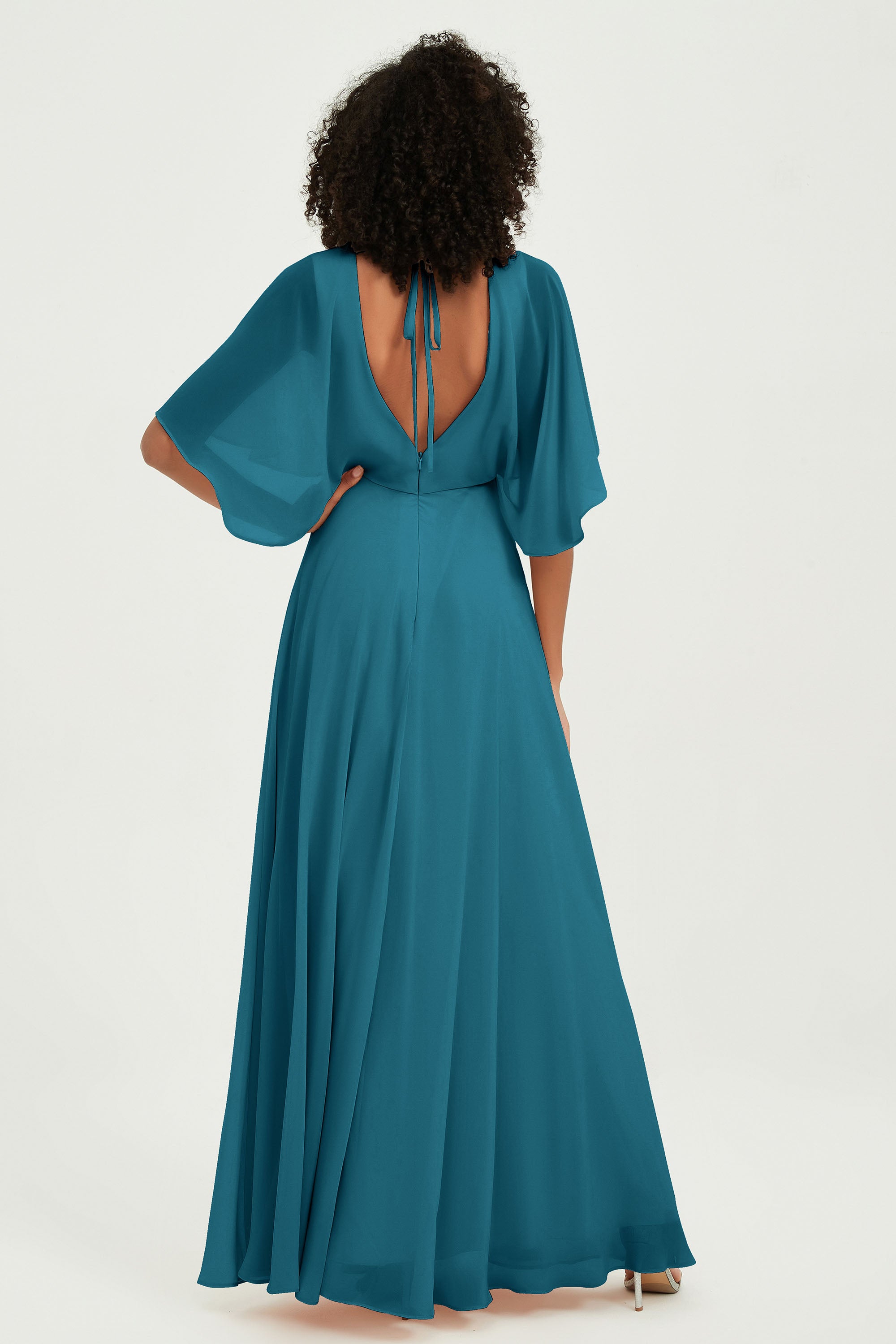 Flutter Sleeves Jewel Chiffon Bridesmaid Dress Floor Length Formal Evening Dresses Gowns