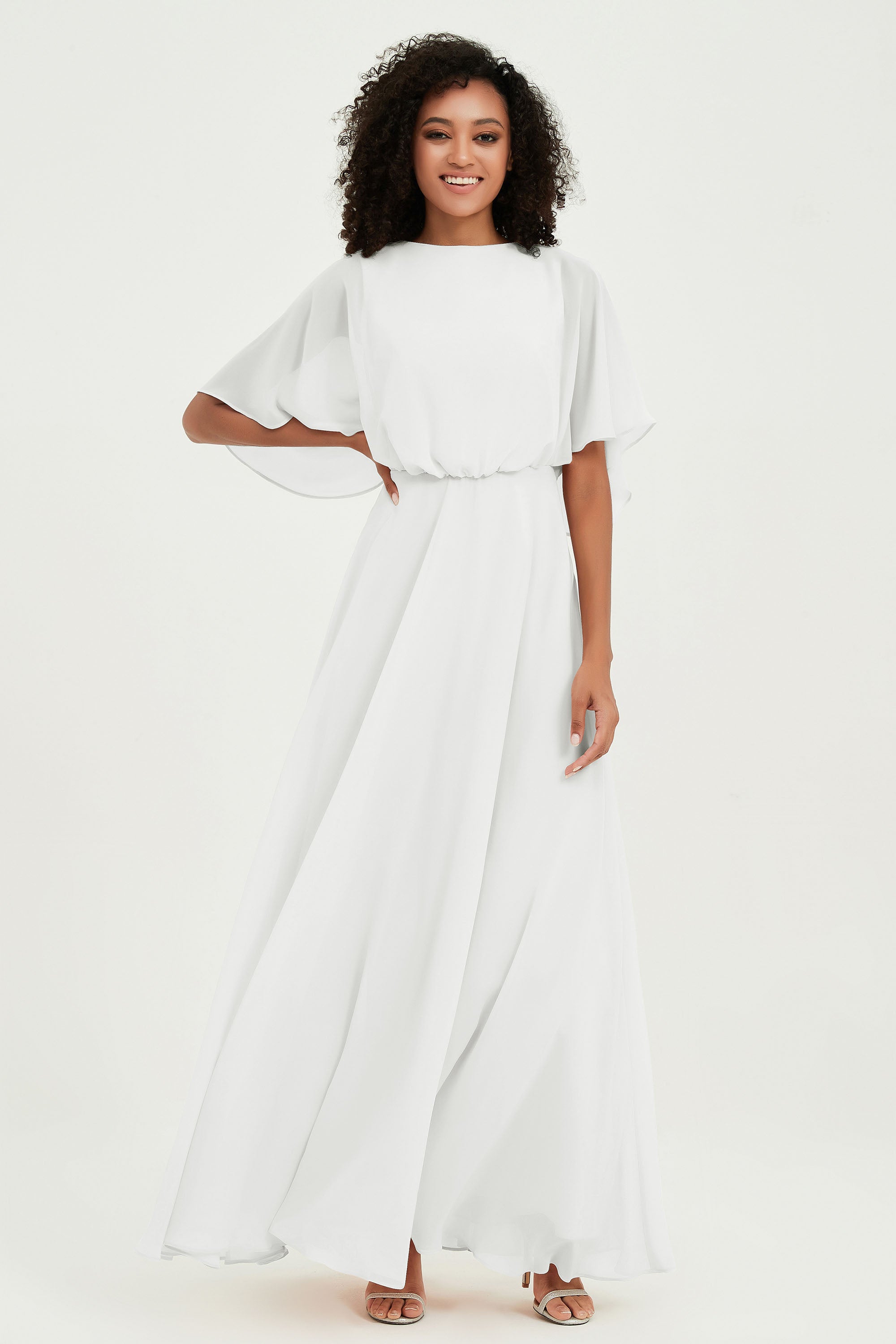 Flutter Sleeves Jewel Chiffon Bridesmaid Dress Floor Length Formal Evening Dresses Gowns