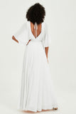 Flutter Sleeves Jewel Chiffon Bridesmaid Dress Floor Length Formal Evening Dresses Gowns