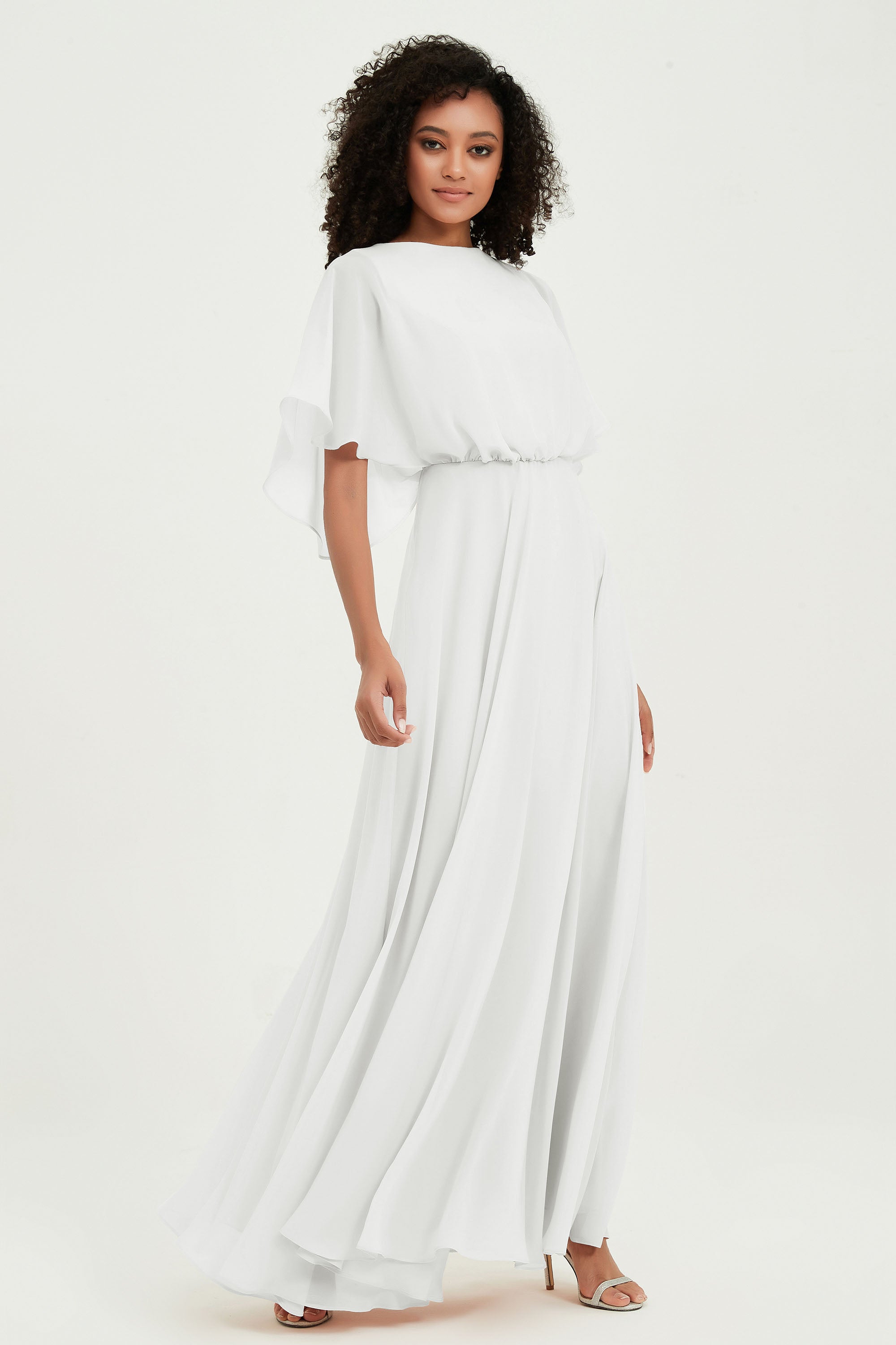 Flutter Sleeves Jewel Chiffon Bridesmaid Dress Floor Length Formal Evening Dresses Gowns