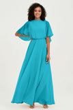 Flutter Sleeves Jewel Chiffon Bridesmaid Dress Floor Length Formal Evening Dresses Gowns