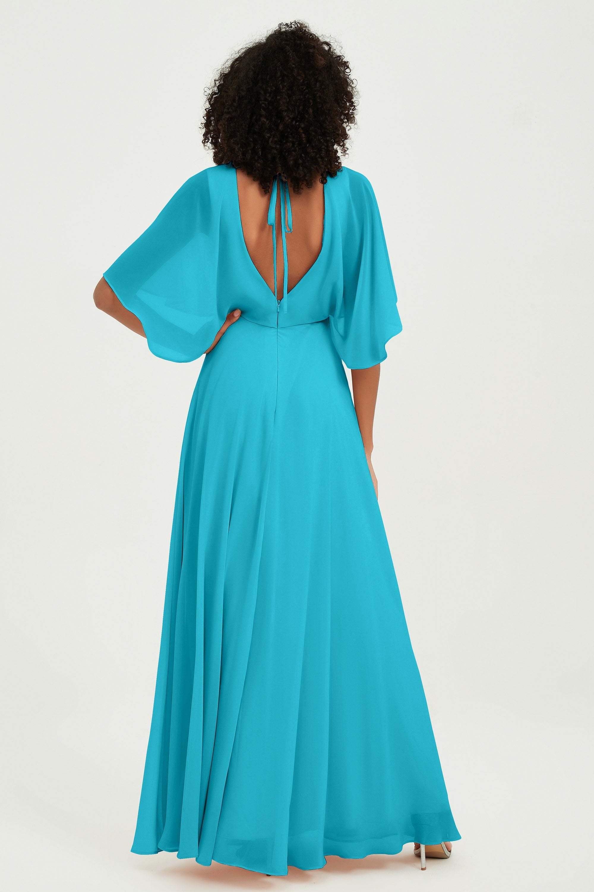 Flutter Sleeves Jewel Chiffon Bridesmaid Dress Floor Length Formal Evening Dresses Gowns