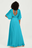 Flutter Sleeves Jewel Chiffon Bridesmaid Dress Floor Length Formal Evening Dresses Gowns