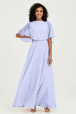 Flutter Sleeves Jewel Chiffon Bridesmaid Dress Floor Length Formal Evening Dresses Gowns