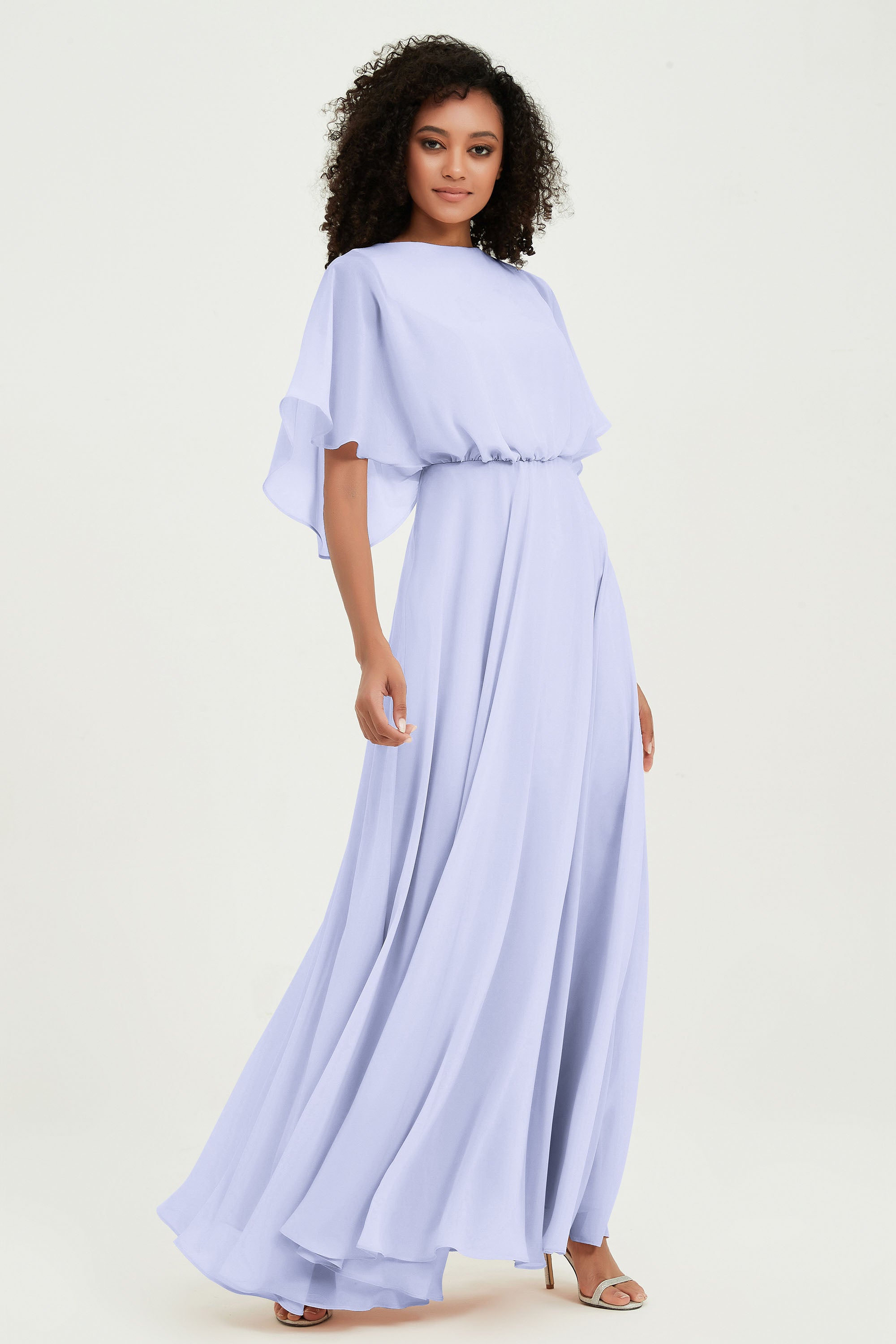 Flutter Sleeves Jewel Chiffon Bridesmaid Dress Floor Length Formal Evening Dresses Gowns