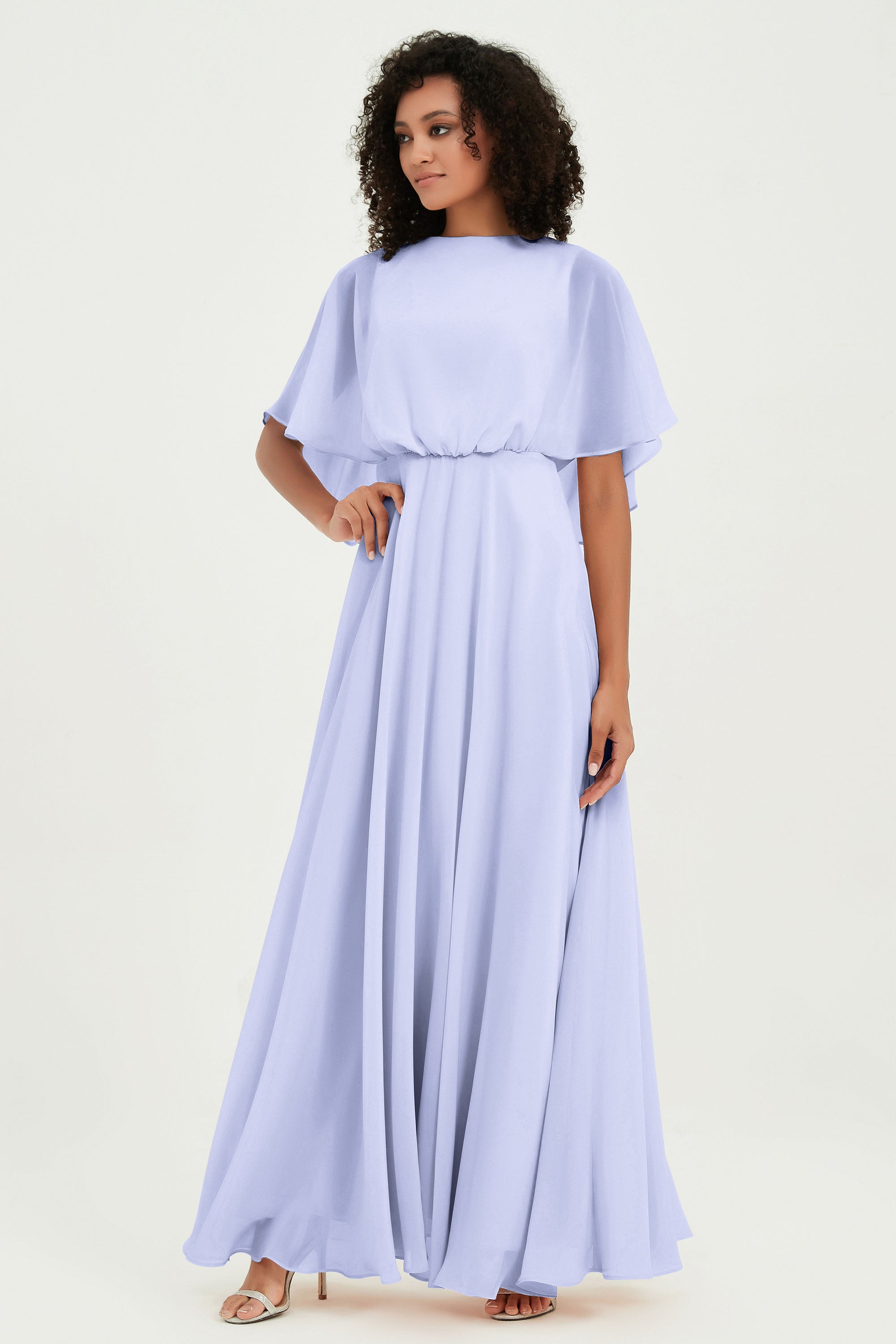 Flutter Sleeves Jewel Chiffon Bridesmaid Dress Floor Length Formal Evening Dresses Gowns