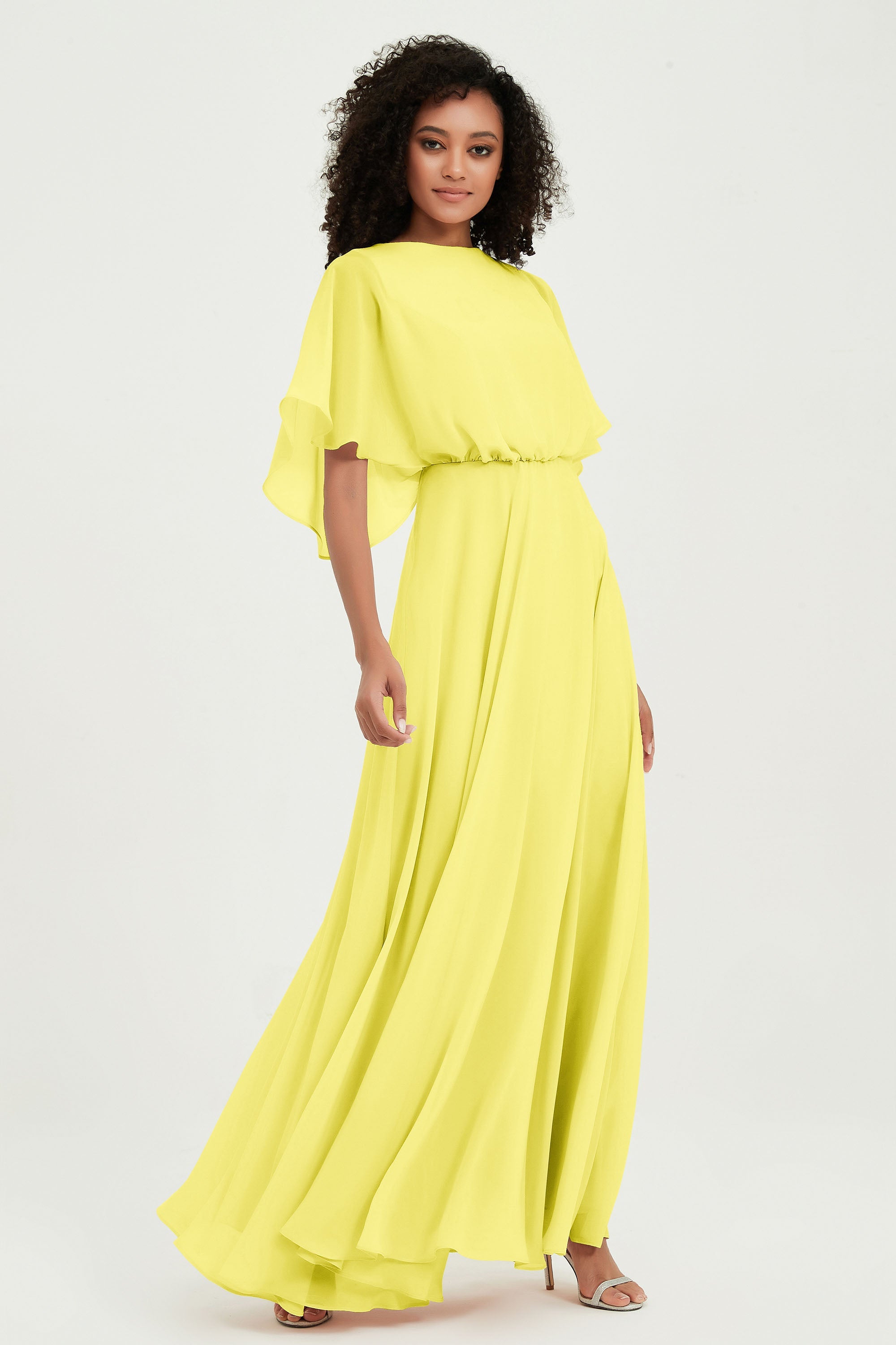Flutter Sleeves Jewel Chiffon Bridesmaid Dress Floor Length Formal Evening Dresses Gowns