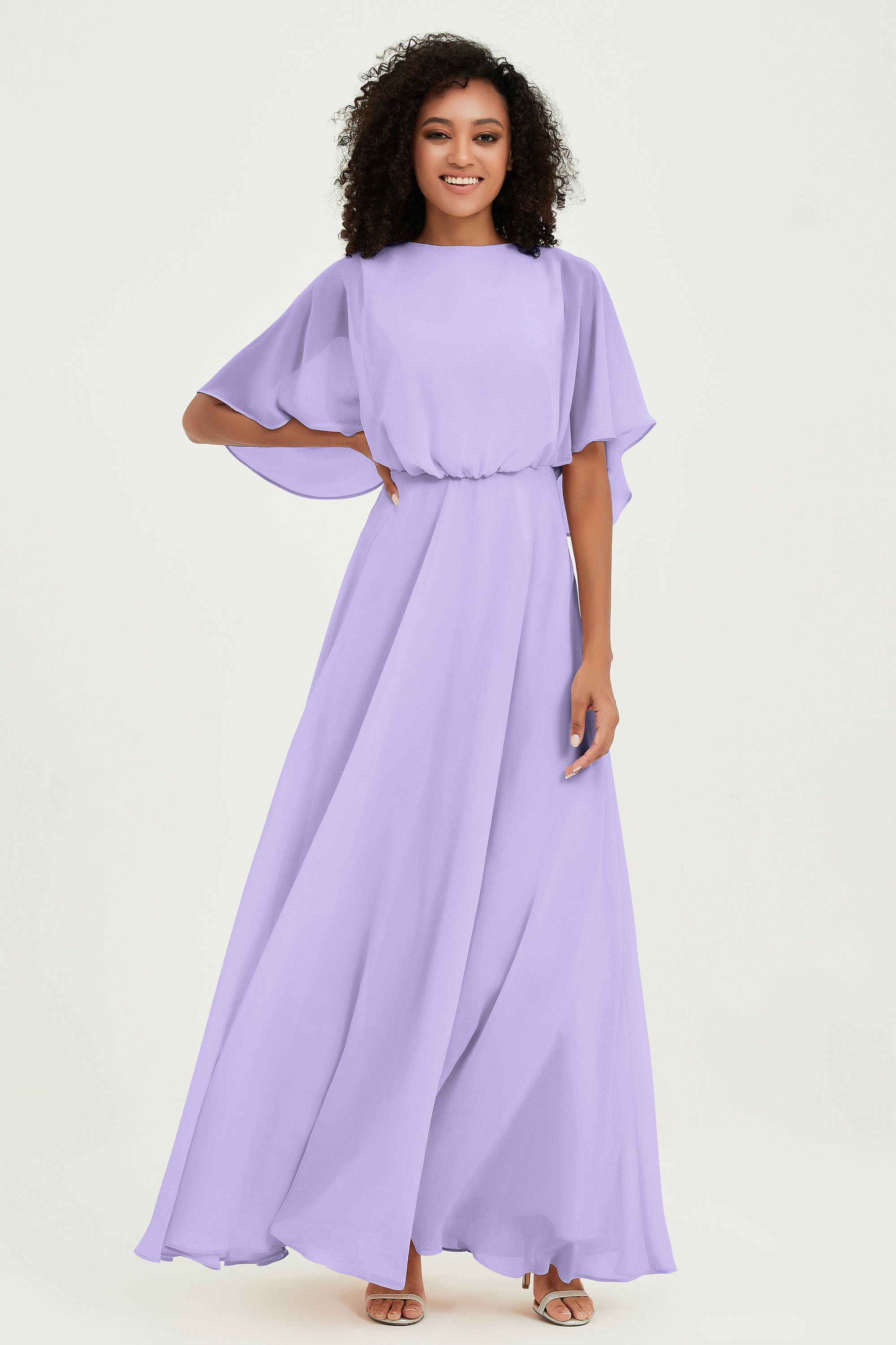 Flutter Sleeves Jewel Chiffon Bridesmaid Dress Floor Length Formal Evening Dresses Gowns