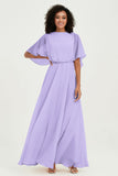 Flutter Sleeves Jewel Chiffon Bridesmaid Dress Floor Length Formal Evening Dresses Gowns