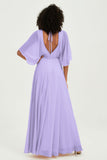 Flutter Sleeves Jewel Chiffon Bridesmaid Dress Floor Length Formal Evening Dresses Gowns