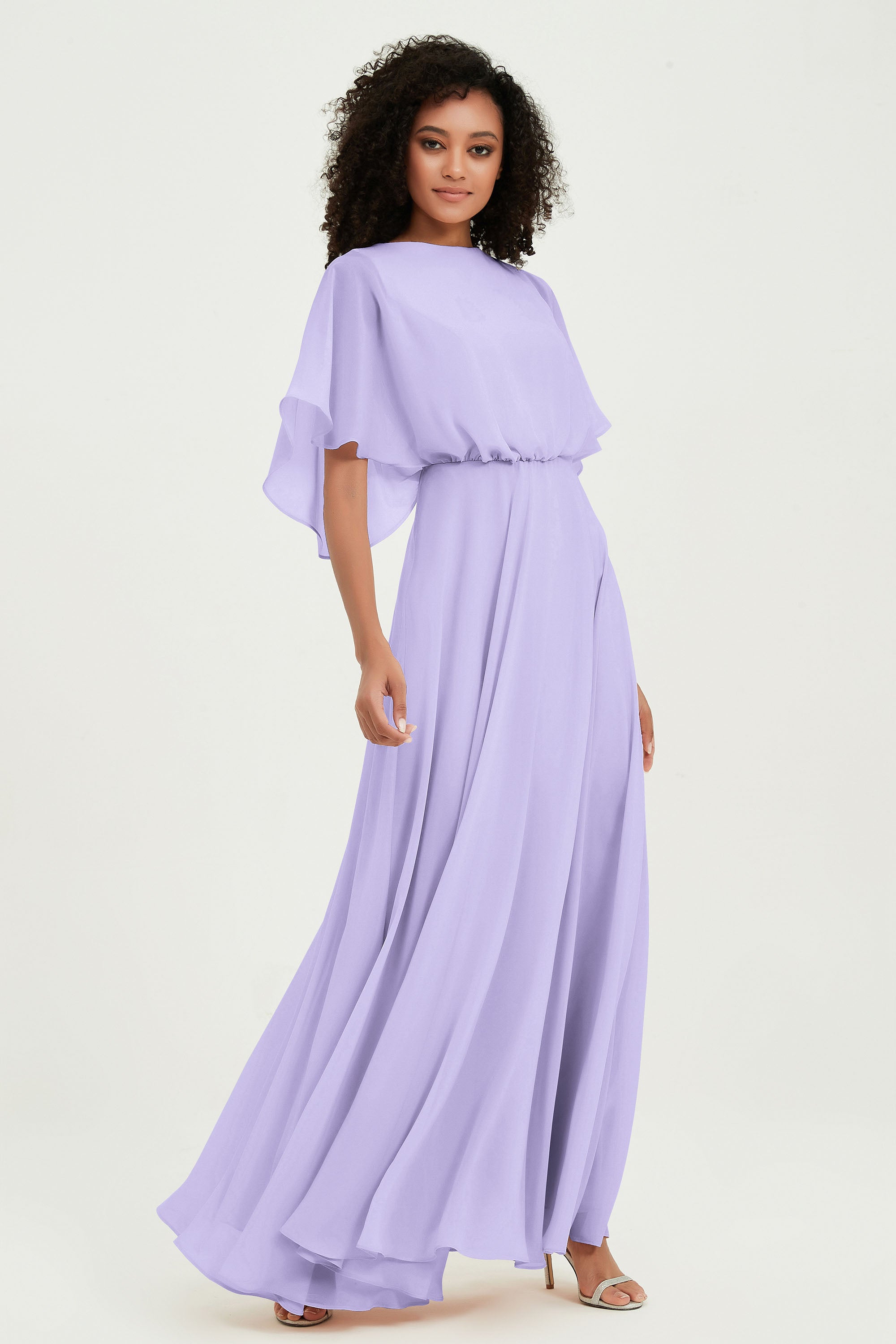 Flutter Sleeves Jewel Chiffon Bridesmaid Dress Floor Length Formal Evening Dresses Gowns