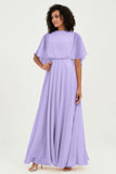 Flutter Sleeves Jewel Chiffon Bridesmaid Dress Floor Length Formal Evening Dresses Gowns