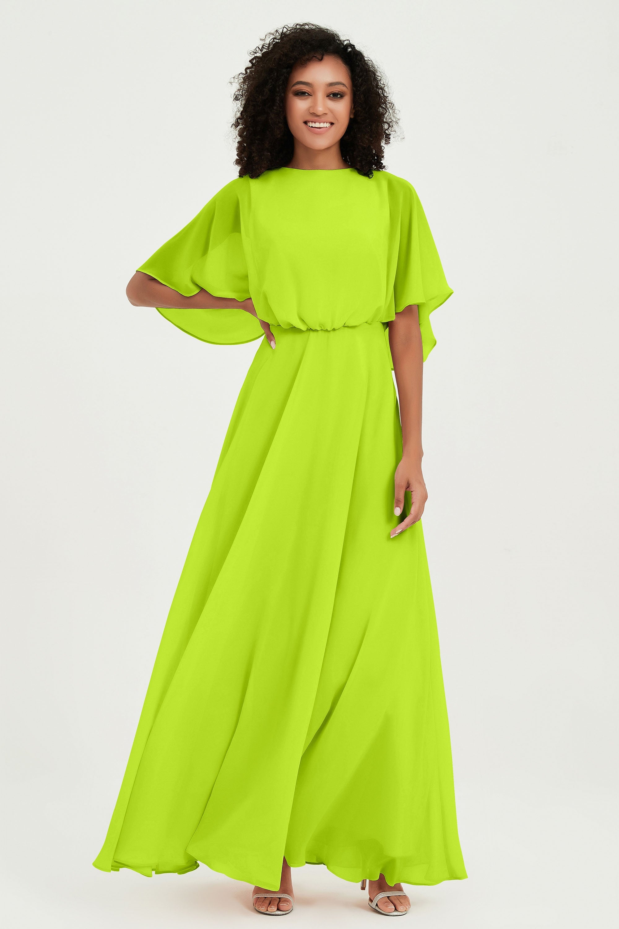 Flutter Sleeves Jewel Chiffon Bridesmaid Dress Floor Length Formal Evening Dresses Gowns