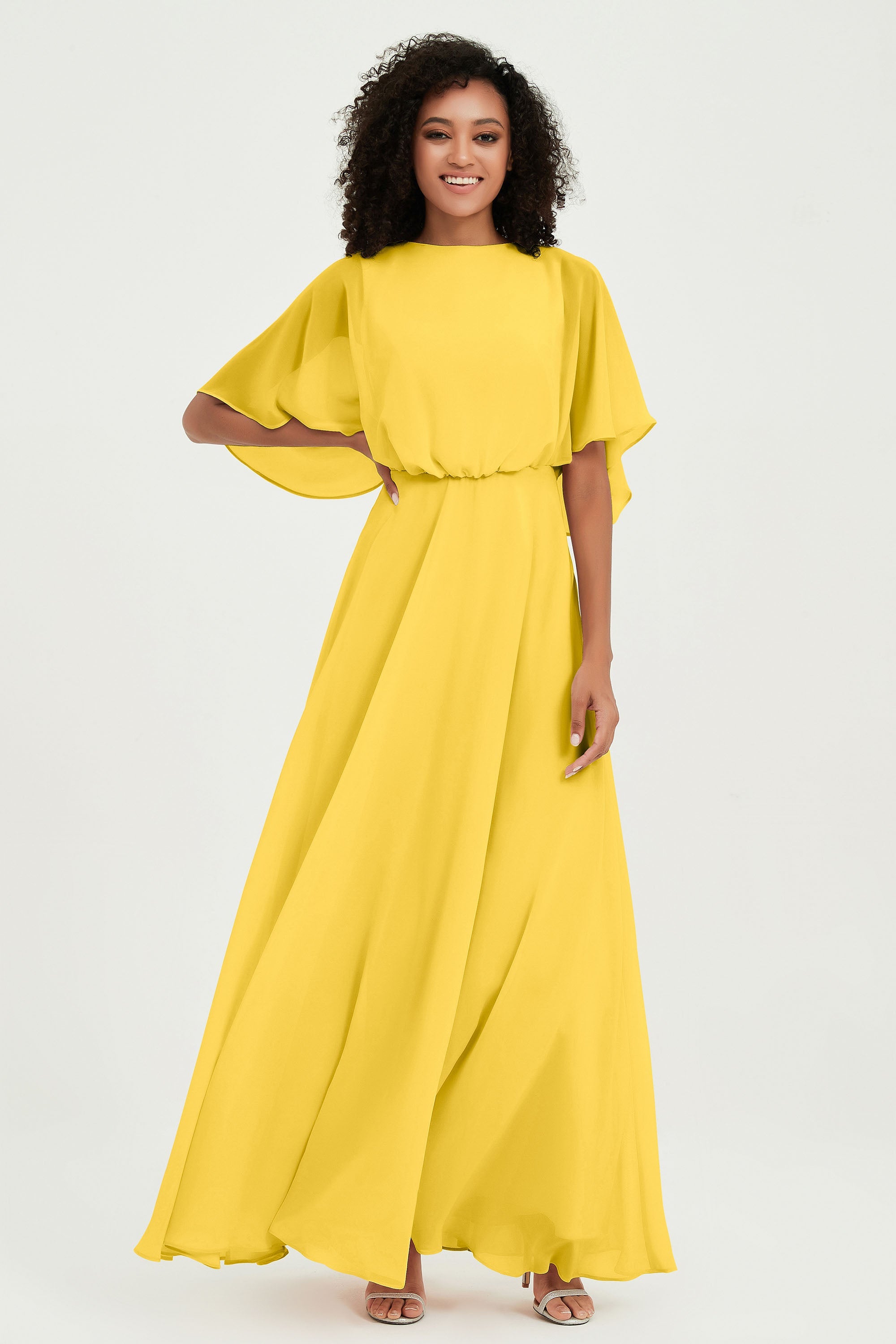 Flutter Sleeves Jewel Chiffon Bridesmaid Dress Floor Length Formal Evening Dresses Gowns