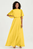 Flutter Sleeves Jewel Chiffon Bridesmaid Dress Floor Length Formal Evening Dresses Gowns