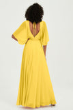 Flutter Sleeves Jewel Chiffon Bridesmaid Dress Floor Length Formal Evening Dresses Gowns