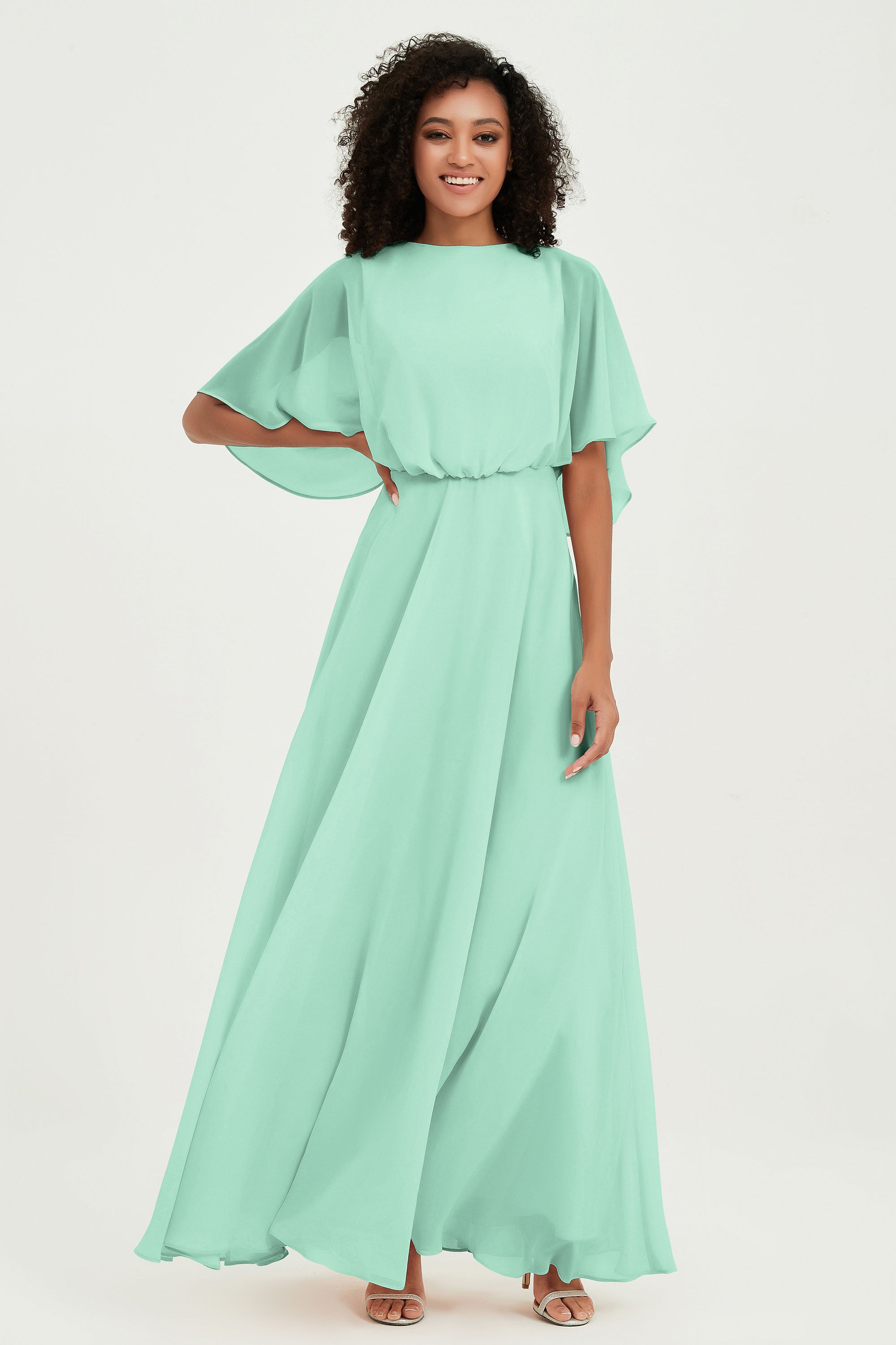 Flutter Sleeves Jewel Chiffon Bridesmaid Dress Floor Length Formal Evening Dresses Gowns