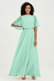 Flutter Sleeves Jewel Chiffon Bridesmaid Dress Floor Length Formal Evening Dresses Gowns