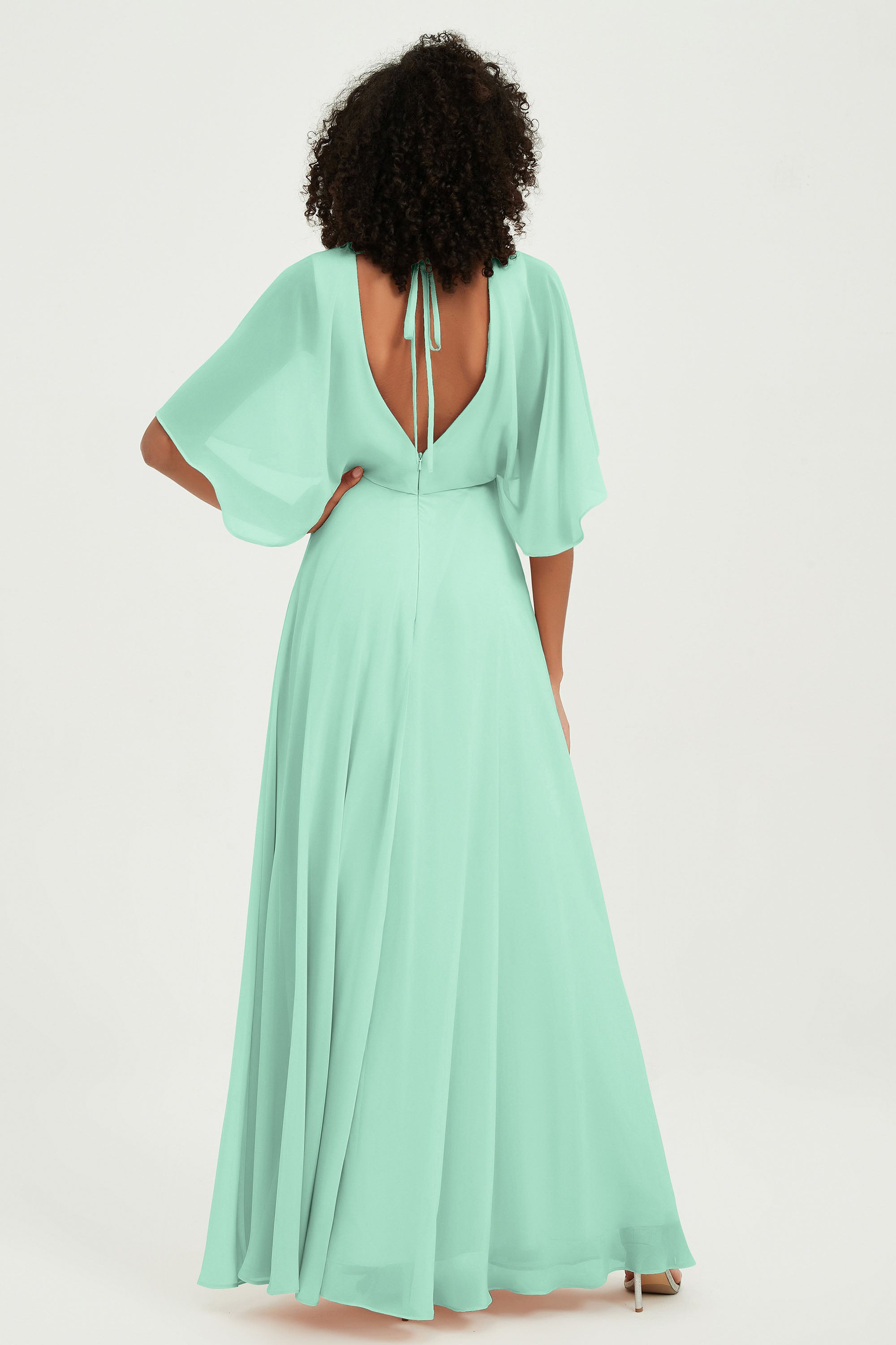 Flutter Sleeves Jewel Chiffon Bridesmaid Dress Floor Length Formal Evening Dresses Gowns
