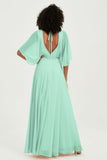 Flutter Sleeves Jewel Chiffon Bridesmaid Dress Floor Length Formal Evening Dresses Gowns