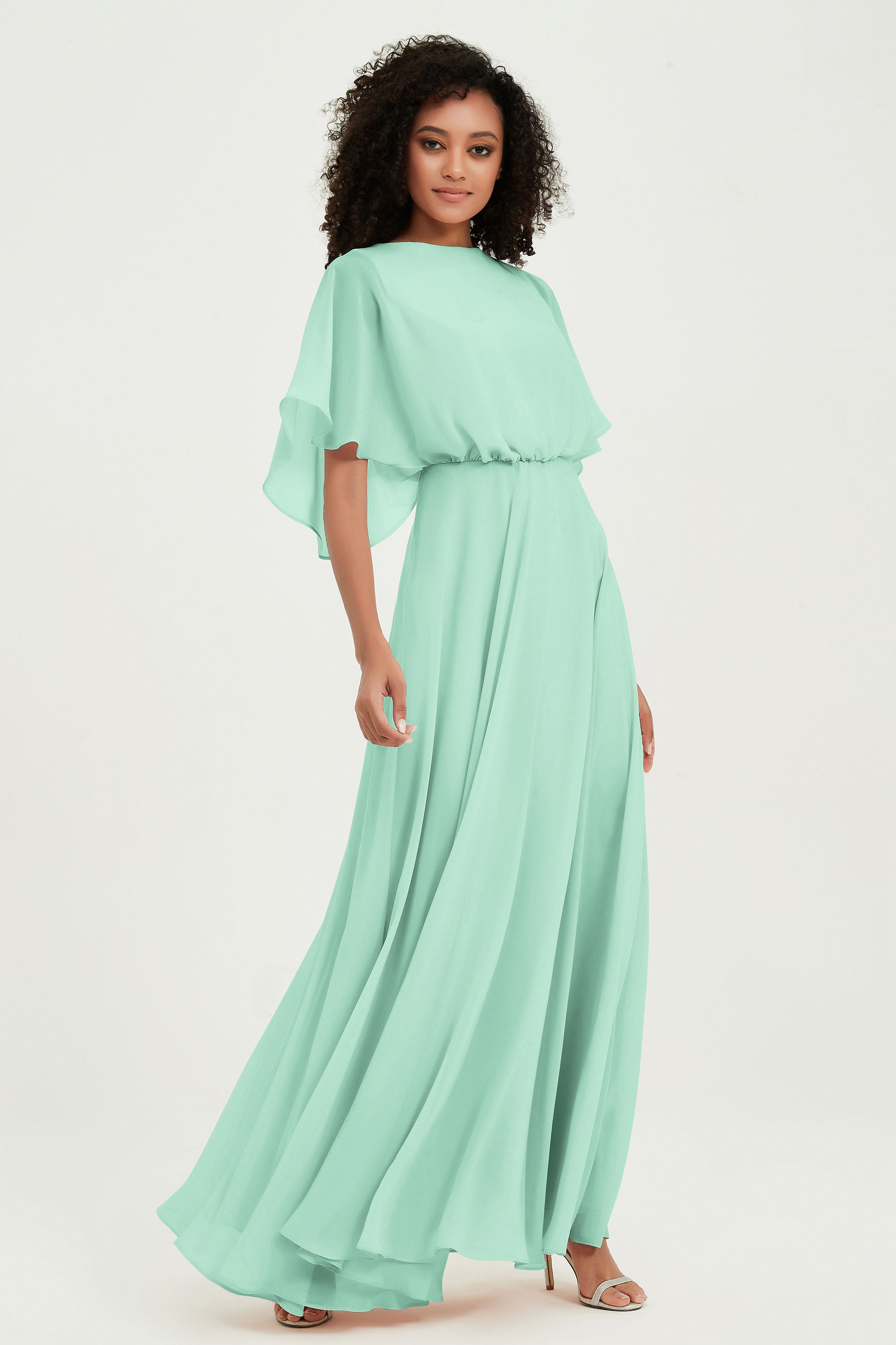 Flutter Sleeves Jewel Chiffon Bridesmaid Dress Floor Length Formal Evening Dresses Gowns