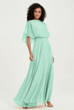 Flutter Sleeves Jewel Chiffon Bridesmaid Dress Floor Length Formal Evening Dresses Gowns