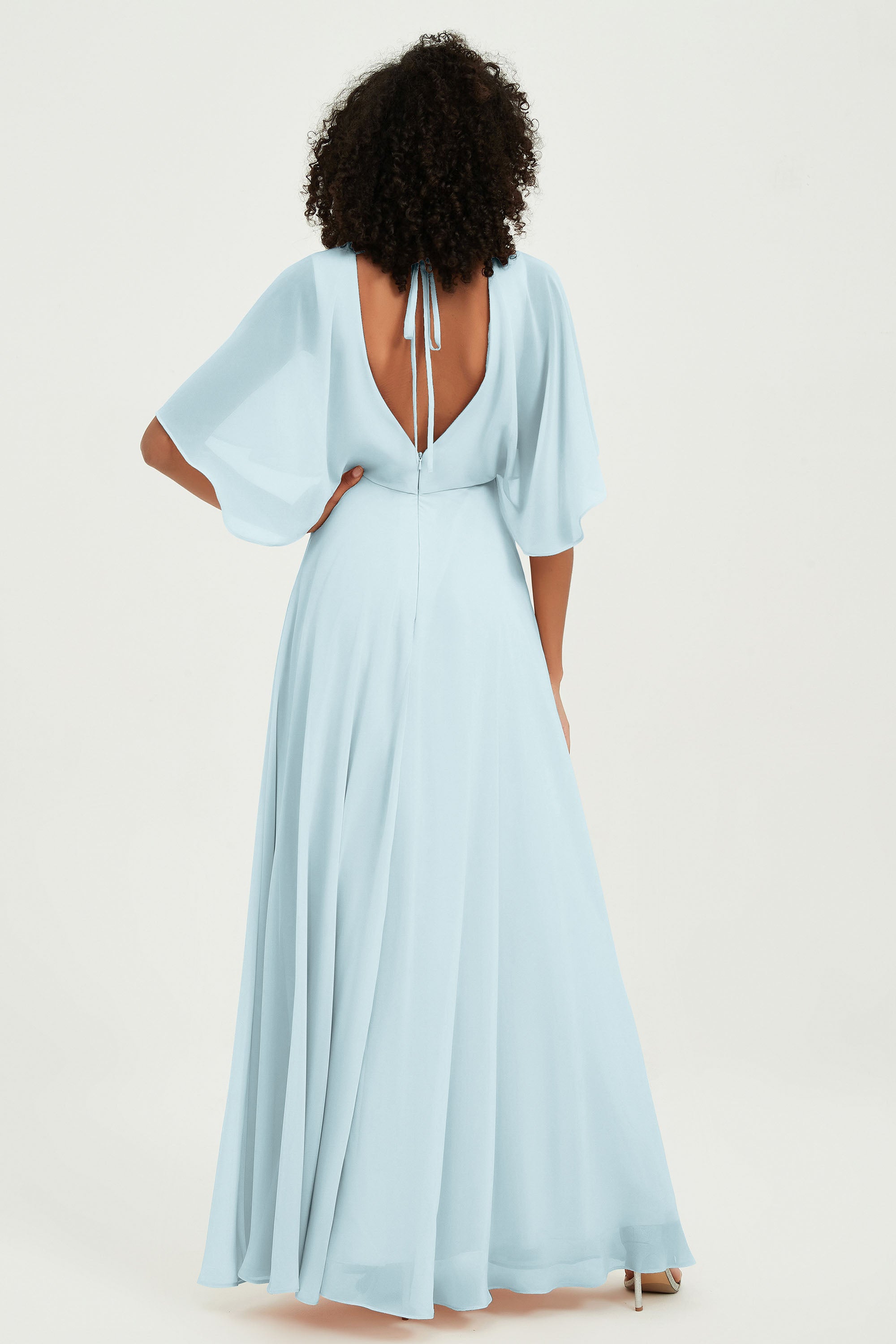 Flutter Sleeves Jewel Chiffon Bridesmaid Dress Floor Length Formal Evening Dresses Gowns