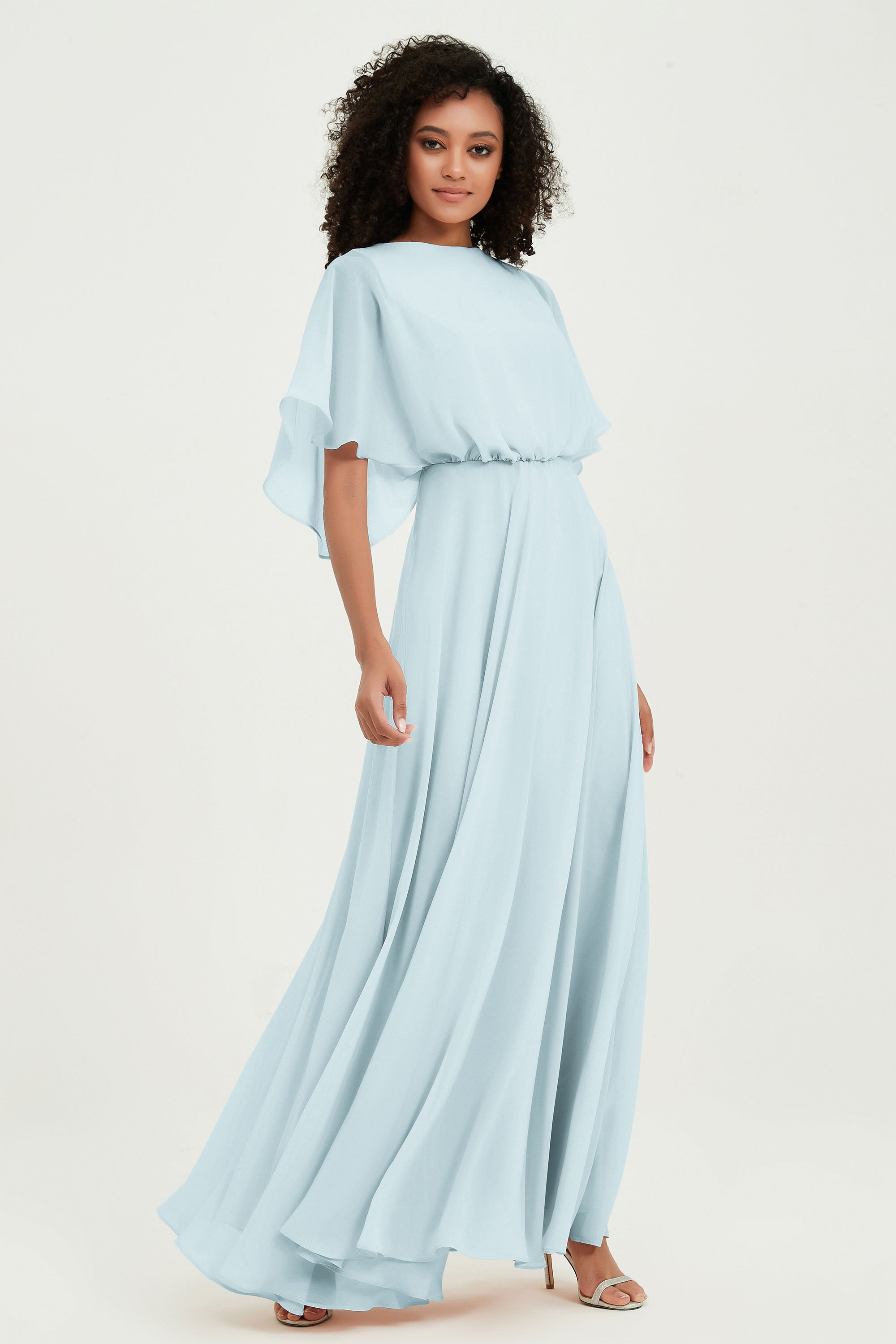 Flutter Sleeves Jewel Chiffon Bridesmaid Dress Floor Length Formal Evening Dresses Gowns