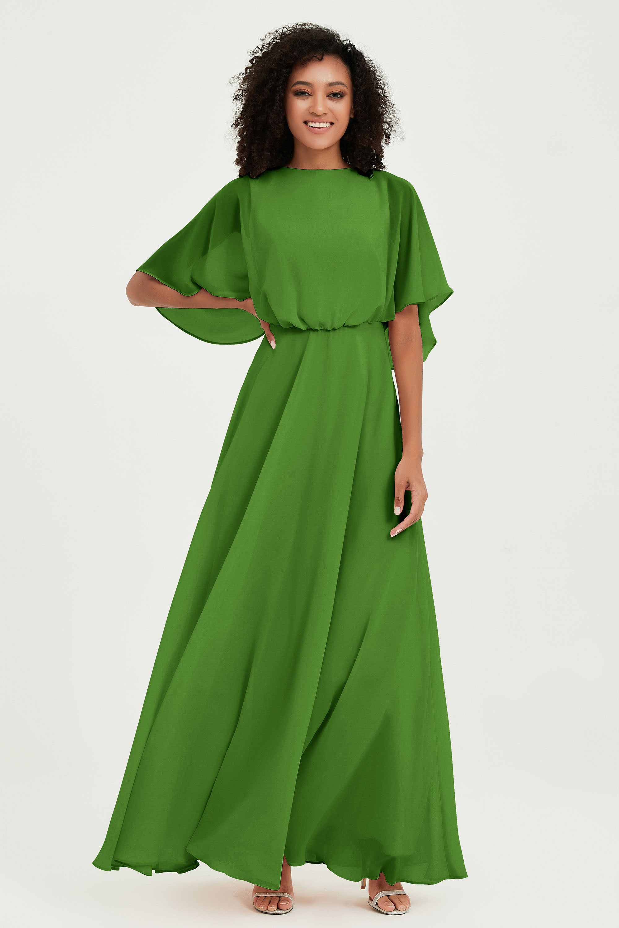 Flutter Sleeves Jewel Chiffon Bridesmaid Dress Floor Length Formal Evening Dresses Gowns