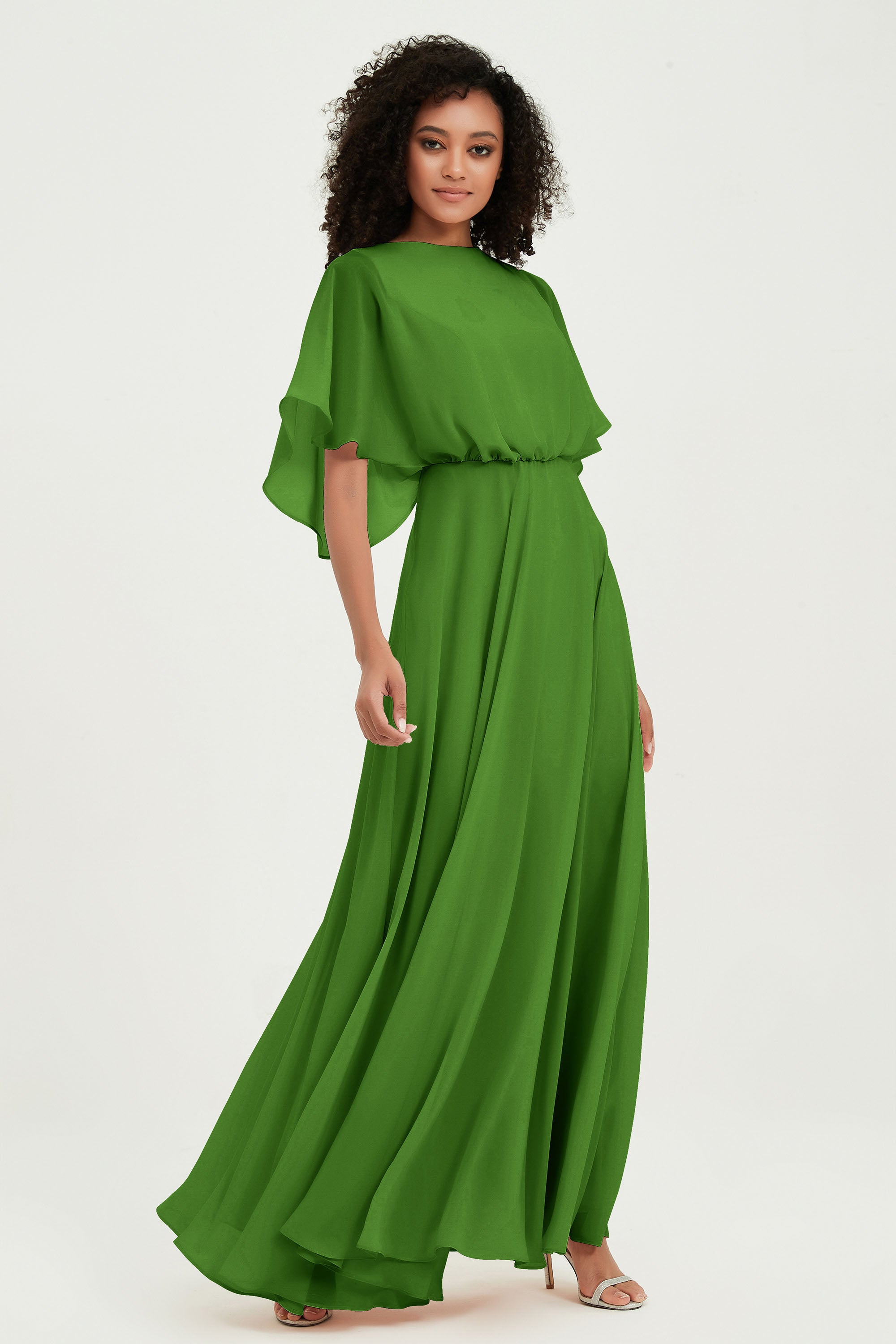 Flutter Sleeves Jewel Chiffon Bridesmaid Dress Floor Length Formal Evening Dresses Gowns