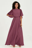 Flutter Sleeves Jewel Chiffon Bridesmaid Dress Floor Length Formal Evening Dresses Gowns