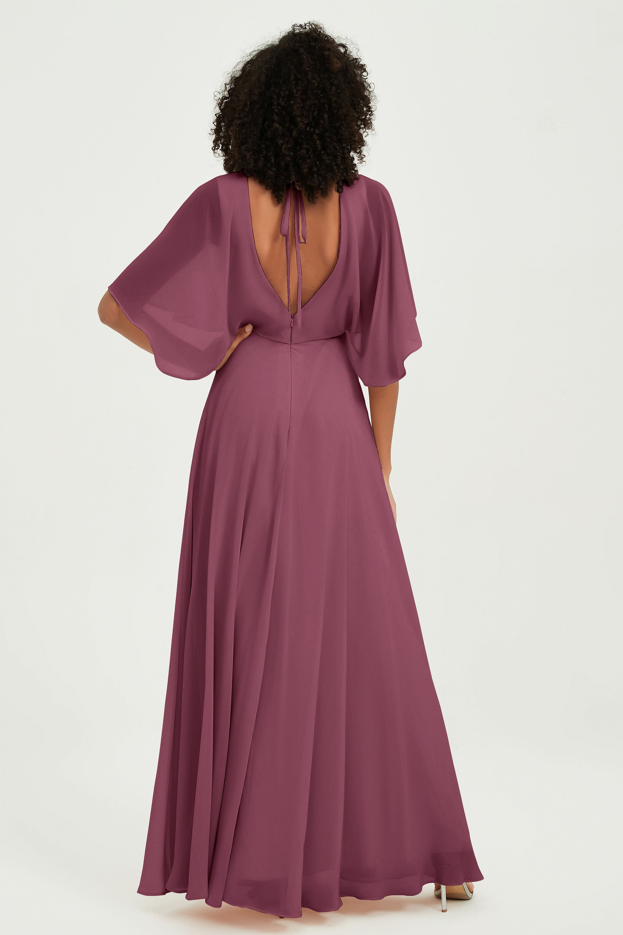 Flutter Sleeves Jewel Chiffon Bridesmaid Dress Floor Length Formal Evening Dresses Gowns