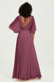 Flutter Sleeves Jewel Chiffon Bridesmaid Dress Floor Length Formal Evening Dresses Gowns