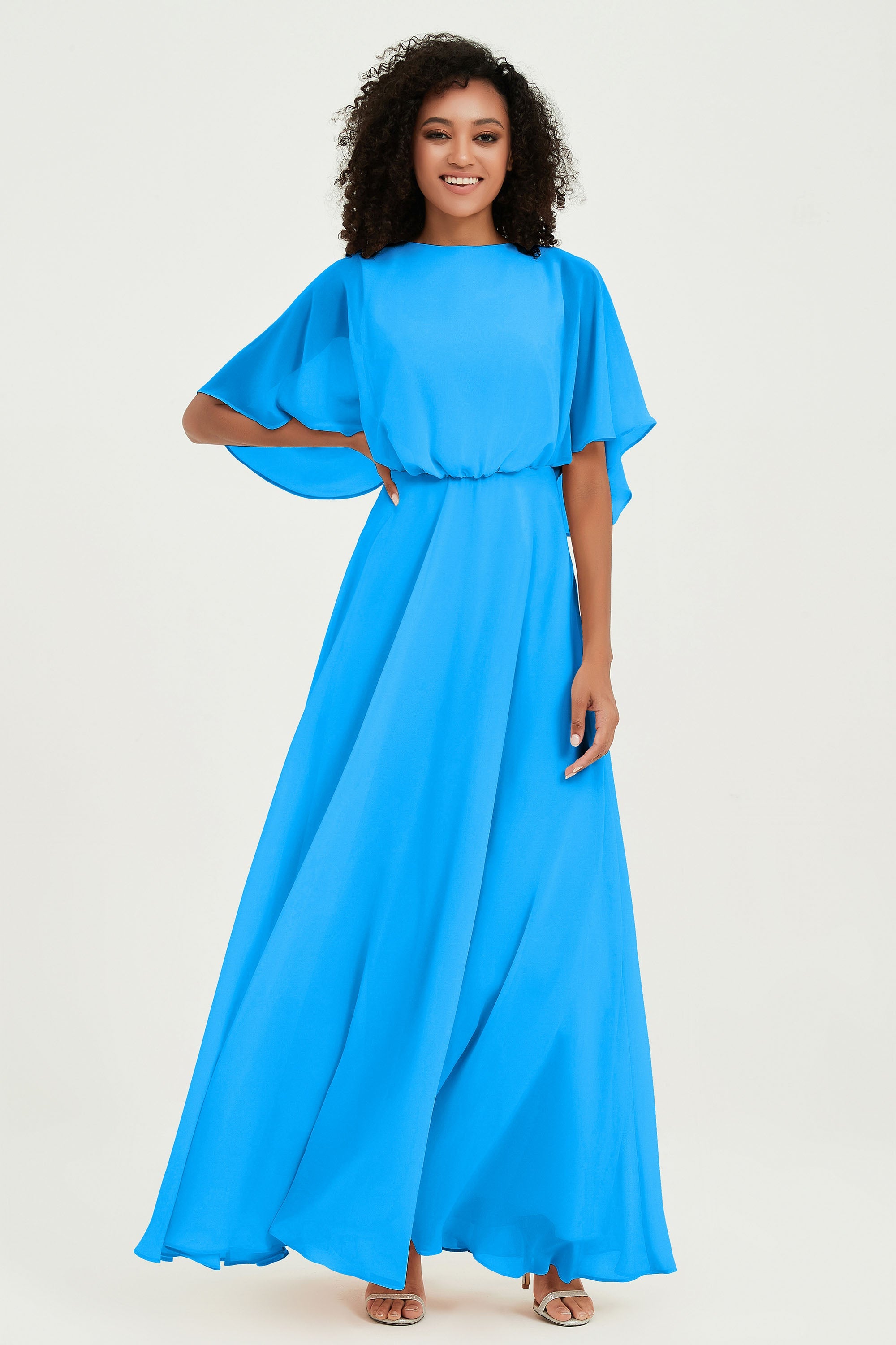 Flutter Sleeves Jewel Chiffon Bridesmaid Dress Floor Length Formal Evening Dresses Gowns
