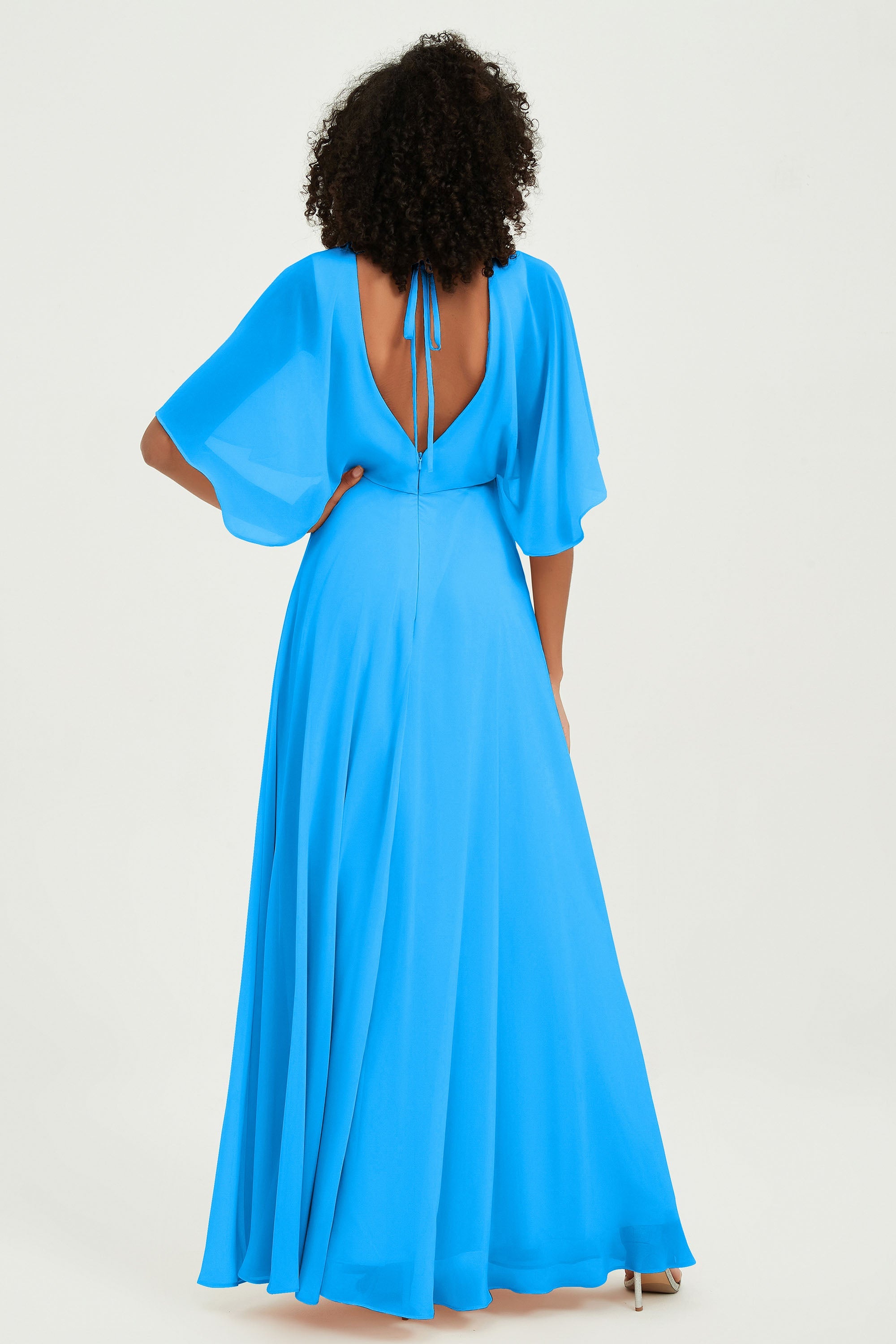 Flutter Sleeves Jewel Chiffon Bridesmaid Dress Floor Length Formal Evening Dresses Gowns