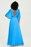 Flutter Sleeves Jewel Chiffon Bridesmaid Dress Floor Length Formal Evening Dresses Gowns