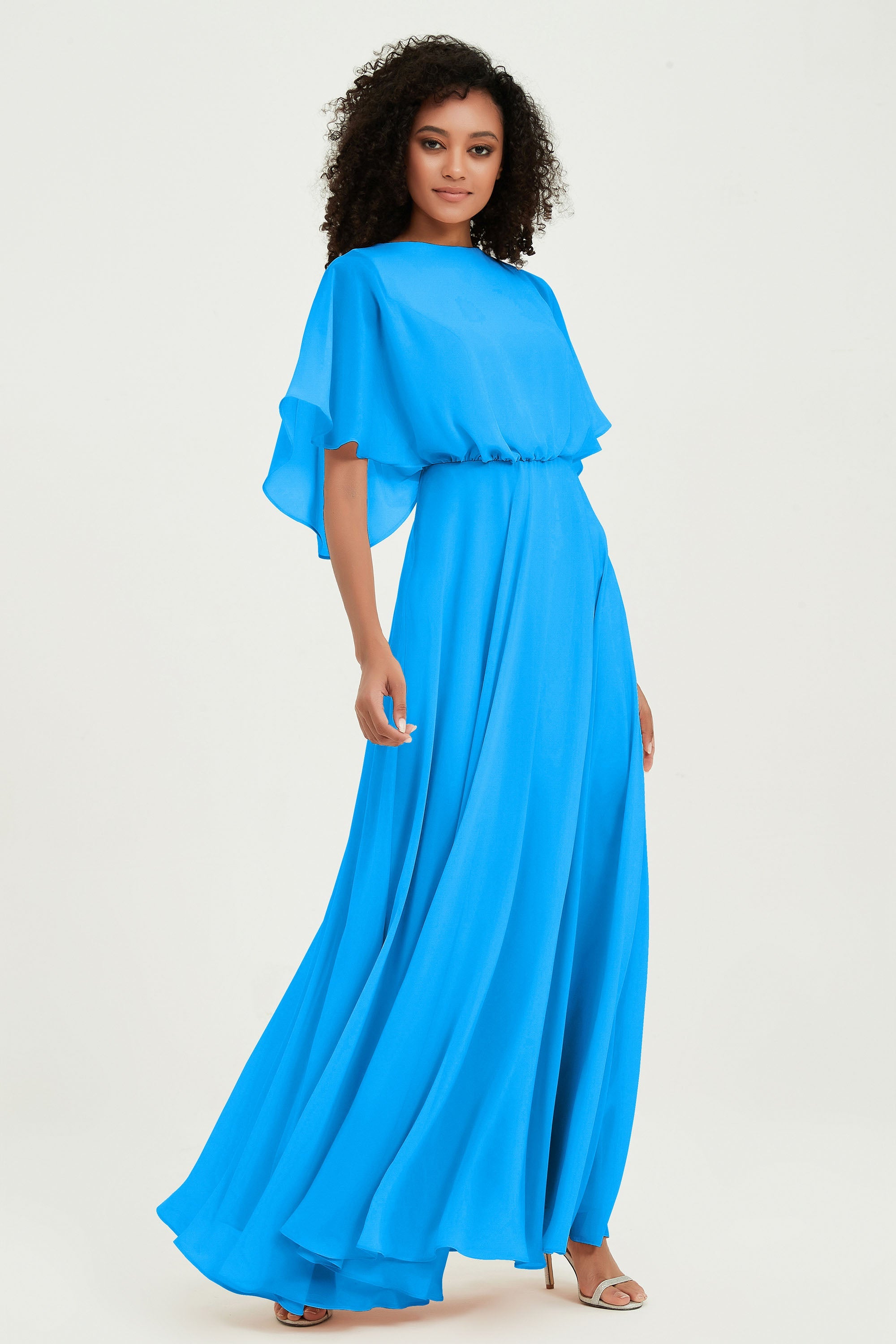 Flutter Sleeves Jewel Chiffon Bridesmaid Dress Floor Length Formal Evening Dresses Gowns