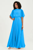 Flutter Sleeves Jewel Chiffon Bridesmaid Dress Floor Length Formal Evening Dresses Gowns