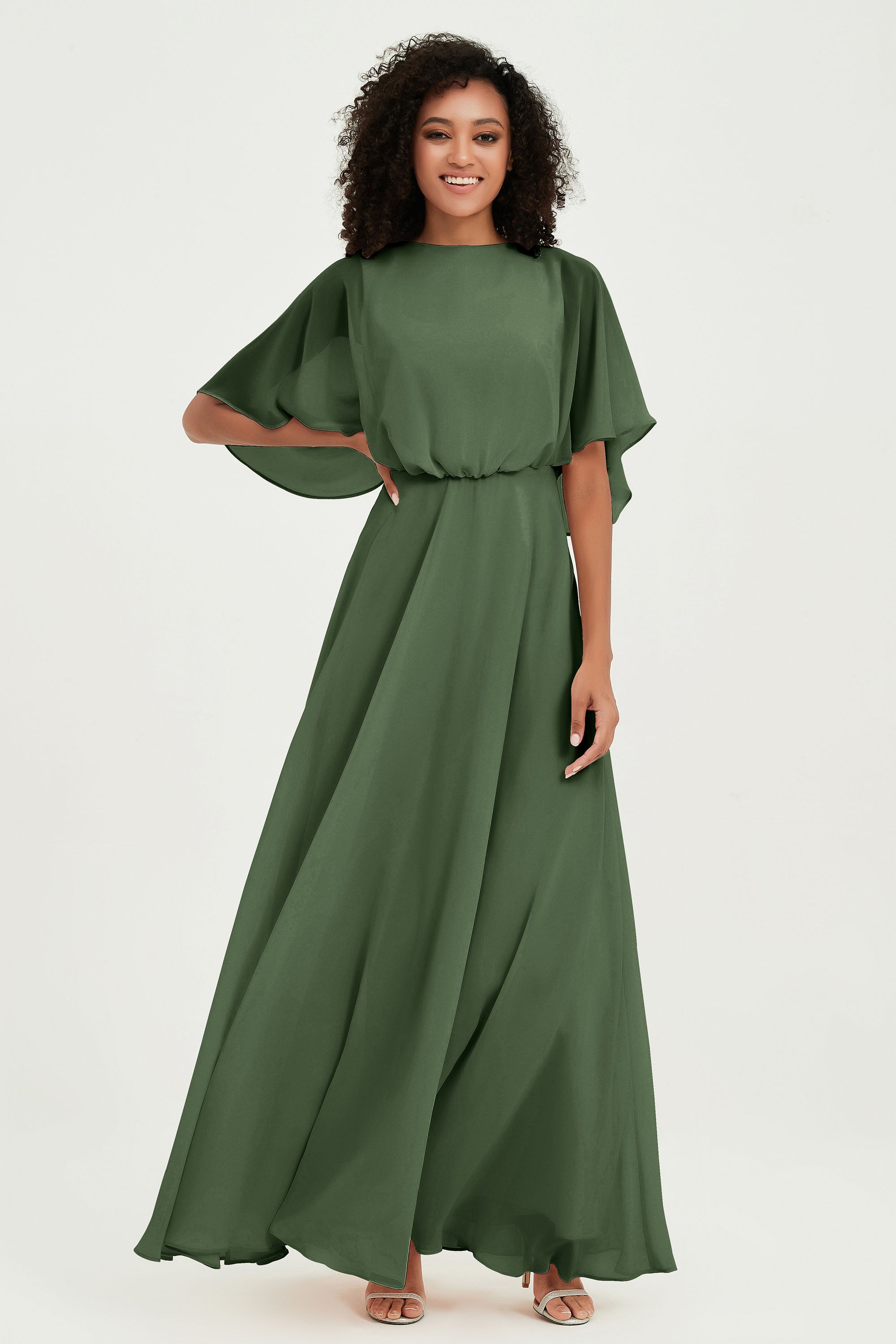 Flutter Sleeves Jewel Chiffon Bridesmaid Dress Floor Length Formal Evening Dresses Gowns