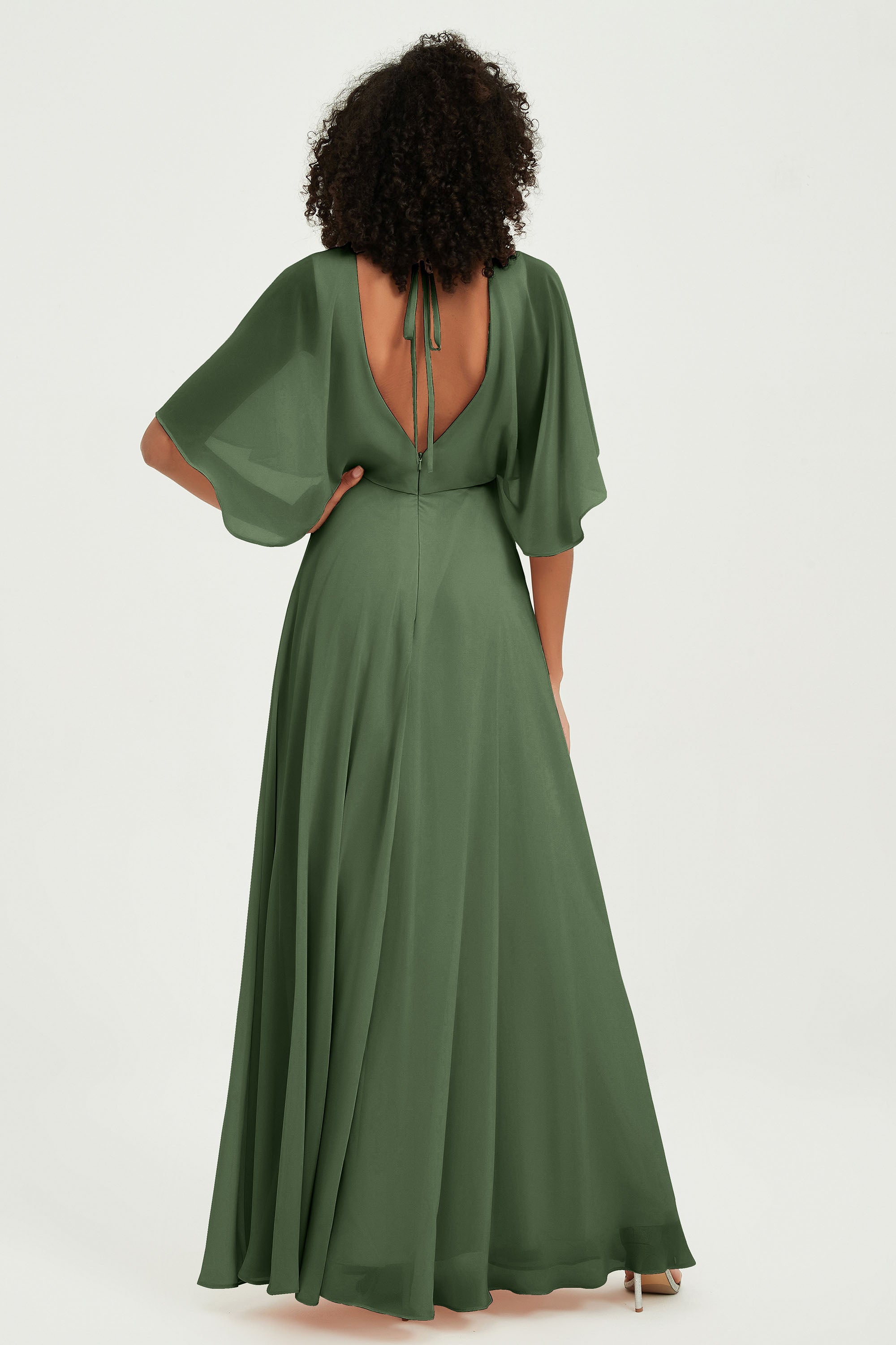 Flutter Sleeves Jewel Chiffon Bridesmaid Dress Floor Length Formal Evening Dresses Gowns