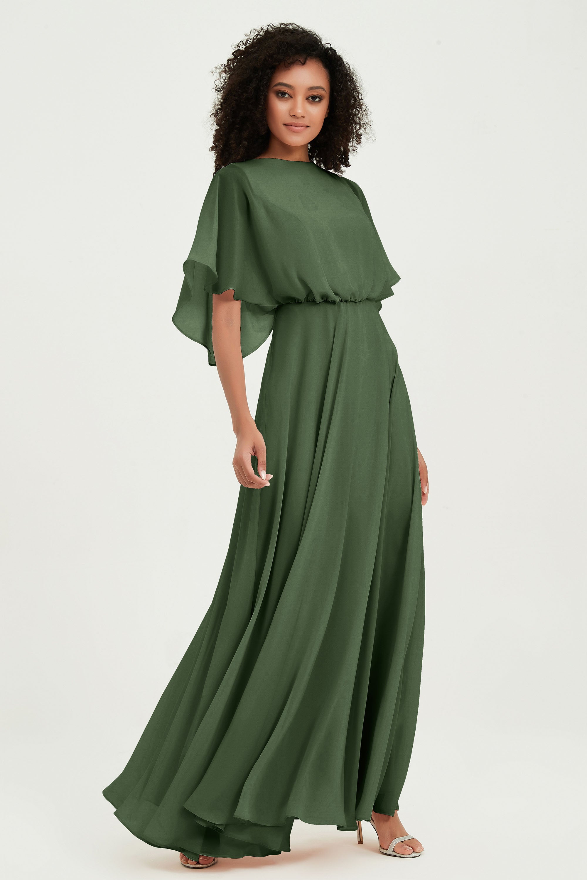 Flutter Sleeves Jewel Chiffon Bridesmaid Dress Floor Length Formal Evening Dresses Gowns