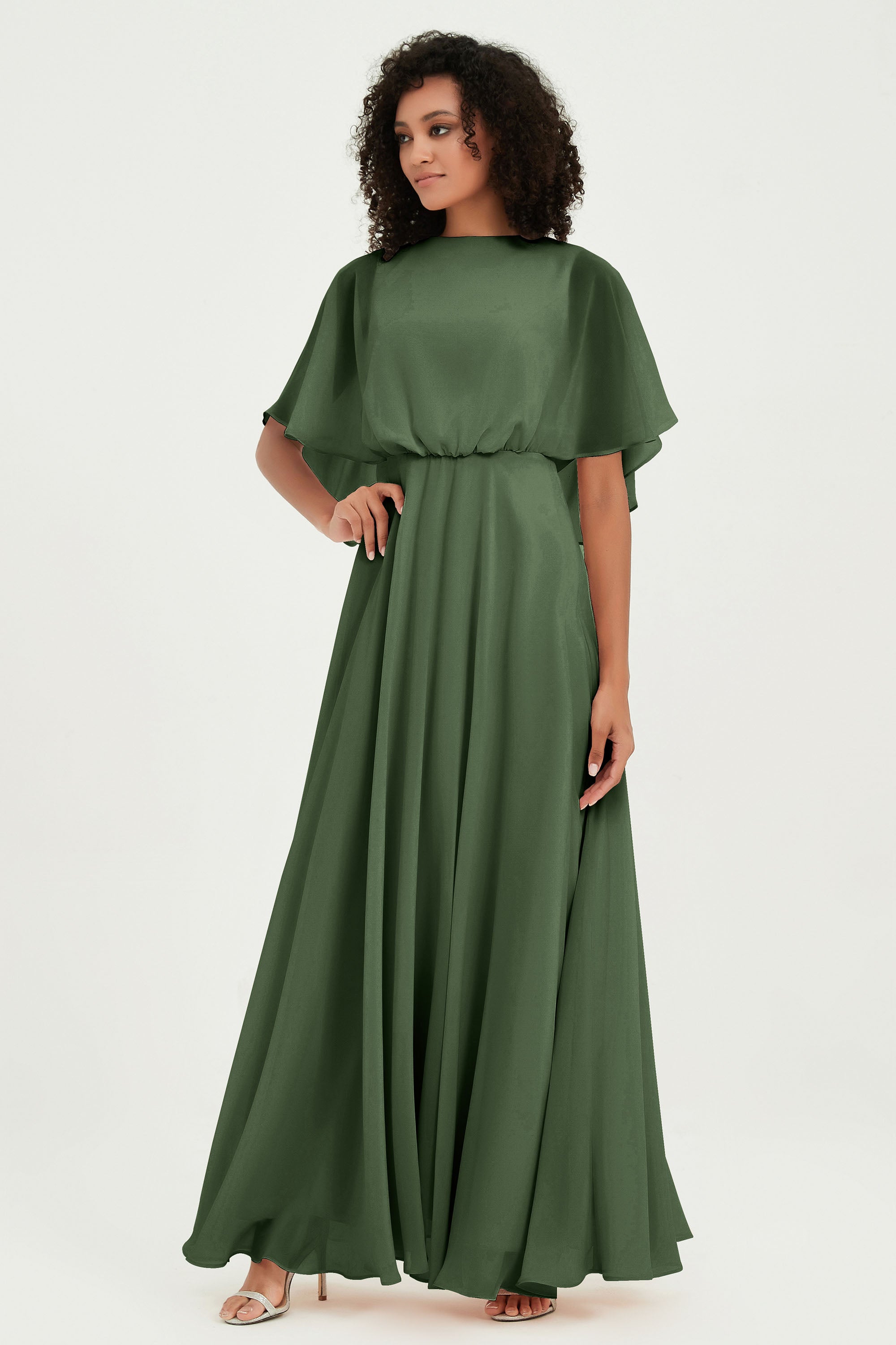 Flutter Sleeves Jewel Chiffon Bridesmaid Dress Floor Length Formal Evening Dresses Gowns