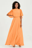 Flutter Sleeves Jewel Chiffon Bridesmaid Dress Floor Length Formal Evening Dresses Gowns