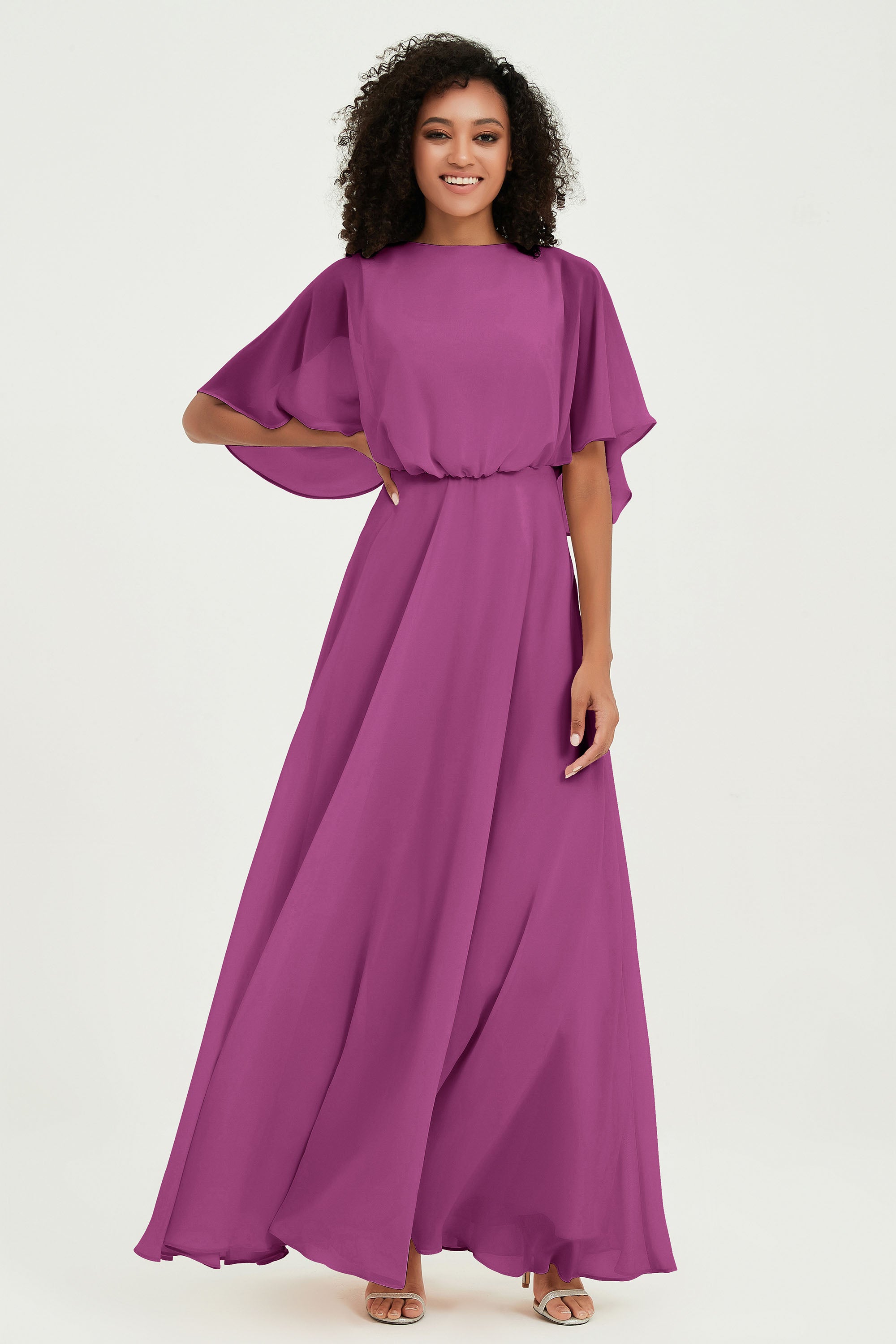 Flutter Sleeves Jewel Chiffon Bridesmaid Dress Floor Length Formal Evening Dresses Gowns