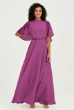 Flutter Sleeves Jewel Chiffon Bridesmaid Dress Floor Length Formal Evening Dresses Gowns