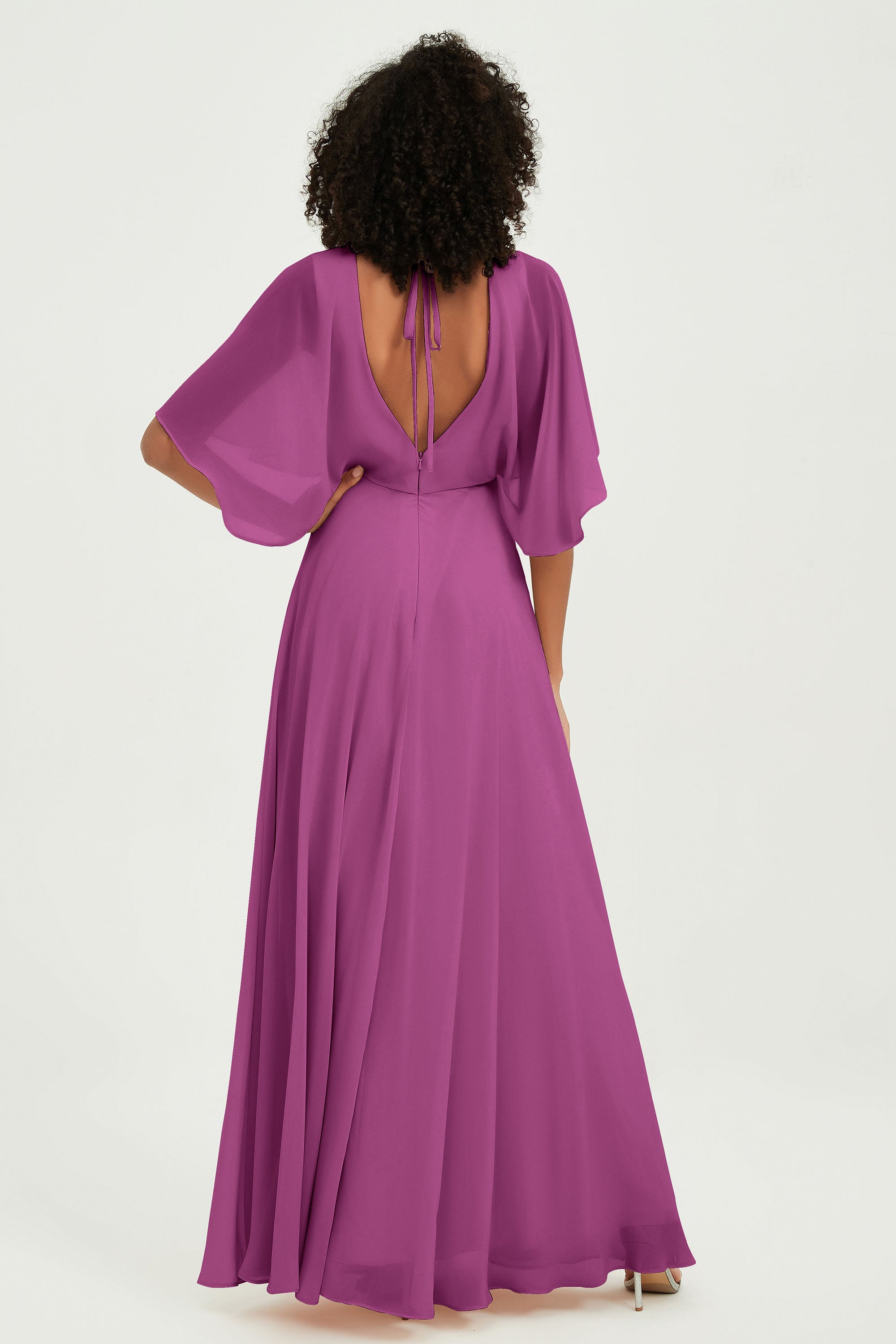 Flutter Sleeves Jewel Chiffon Bridesmaid Dress Floor Length Formal Evening Dresses Gowns